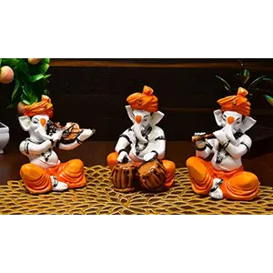 India Polyresine Set of 3 Orange Dhoti & Turban Ganesha Playing Instruments Showpiece for Home Decor.