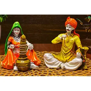 Traditions of Rajasthani Man with Hukka and Lady with Chaas Polyresine Idol (15.24 cm x 15.24 cm x 15.24 cm Set of 2)