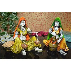 Village Ladies with Weighing Scale and Making Mirchi Microfiber Showpiece (15.24 cm x 15.24 cm x 15.24 cm Set of 2)
