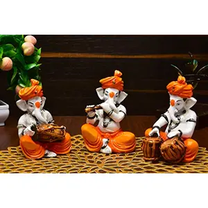 India Polyresine Set of 3 Orange Dhoti & Turban Ganesha Playing Instruments Showpiece