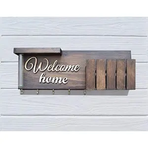 India Handcrafted Creative Classic Wooden Letter Rack Cum/Wall Decor Shelve Key Holder with Double 5 Hook for Living Room Home Decor