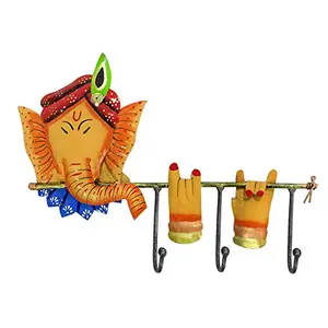 India Wrought Iron Ganesha Playing Basuri Key Holder (3 Hook) for Home Decor