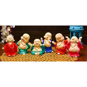 India Handcrafted Set of 6 Resine Little Laughing Buddha Monk Sculpture | Showpiece for Home Dcor and Office