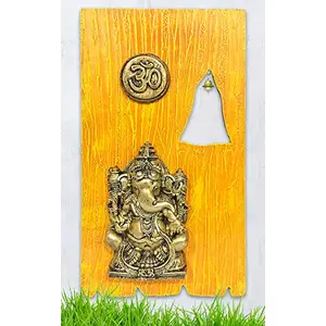 India Handcrafted Polyresin Wooden Ganesha Plate with Bell Wall Hanging for Home Decor