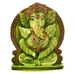 India Handcrafted Resine Green Leaf Ganesha Idol Sculpture | Showpiece for Home Dcor and Office I Vinayaka Showpiece I Car Dashboard Showpiece I Ganesha Idols