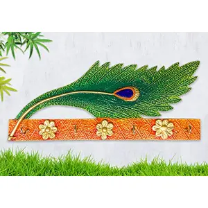 India Handcrafted Wooden Krishna Morpankh Key Holder for Home Decor