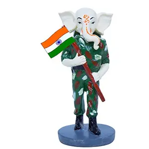 India (Republic/Independence Day Special) Handcrafted Poly-Resin Indian Army Soldier Ganesha Holding Flag of India with Pride Sculpture I Showpiece for Home Decor.