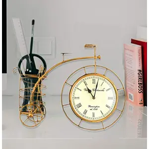 Handcrafted Wrought Iron Cycle Design Clock Pen Holder Desk Organiser Pen Stand for Home & Office Table Decor Showpiece.