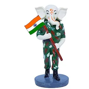 India (Republic Day Special) Handcrafted Poly-Resin Indian Army Soldier Ganesha Holding Flag of India with Pride Sculpture I Showpiece for Home Decor.