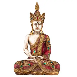 India Luxurious Collection Handcrafted Poly-Resin Elegant Sitting Dhyana Mudra Crown Buddha with Gemstones Work Sculpture | Showpiece for Best Home Decor and Office.