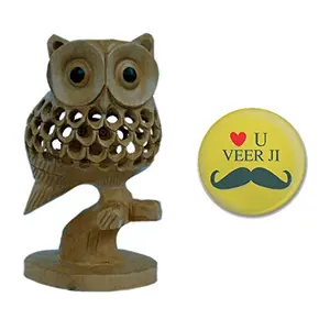 Little India Good Luck Sign Wooden Owl Sitting on Tree Branch and Fridge Magnet (BrownHCF180)