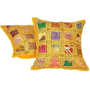 Little India Embroidery Applique Patch Work Cotton 2 Piece Cushion Cover Set - Multicolor (DLI3CUS819)