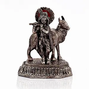 Little India Antique White Metal Lord Krishna with Cow Idol (15.24 cm x 12.7 cmHCF309)
