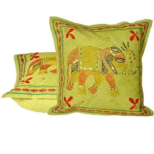 Little India Hand Embroidered Work Cotton 2 Piece Cushion Cover Set - Orange (DLI3CUS832)