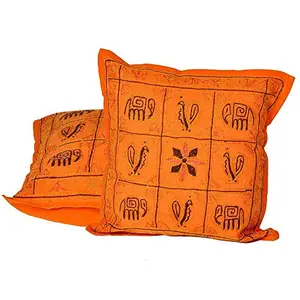 Little India Kantha Embroidery Thread Work Cotton 2 Piece Cushion Cover Set - Orange (DLI3CUS833)