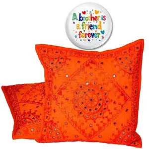 Little India Mirror Embroidery Hand Work Cotton 2 Piece Cushion Cover Set - Orange (DLI3CUS822)