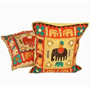 Little India Embroidery Applique Patch Work Cotton 2 Piece Cushion Cover Set - Multicolor (DLI3CUS801)