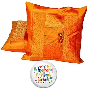 Zari Hand Embroidery Work Silk 2 Piece Cushion Cover Set - Orange