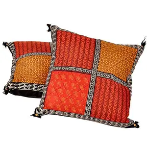 Little India Jaipuri Hand Block Floral Print Cotton 2 Piece Cushion Cover Set - Multicolor (DLI3CUS846)