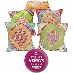 Little India Zari Hand Embroidery Work Silk 5 Piece Cushion Cover Set - Multicolor (DLI3CUS425)