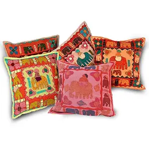 Little India Hand Embroidery Patch Work Cotton 5 Piece Cushion Cover Set - Multicolor (DLI3CUS422)