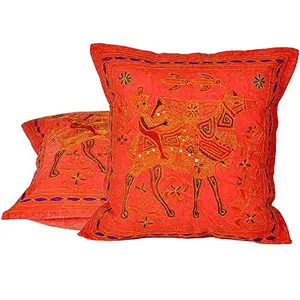 Little India Hand Embroidery Brocade Work Cotton 2 Piece Cushion Cover Set - Orange (DLI3CUS814)