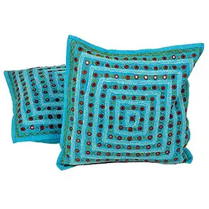 Little India Mirror Embroidery Hand Work Cotton 2 Piece Cushion Cover Set - Blue (DLI3CUS820)