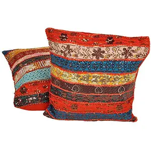 Little India Mirror Embroidery Hand Work Cotton 2 Piece Cushion Cover Set - Multicolor