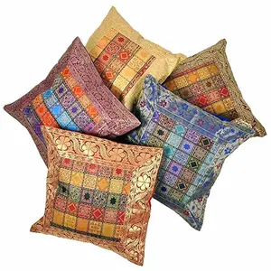 Little India Hand Embroidery Brocade Work Silk 5 Piece Cushion Cover Set - Multicolor (DLI3CUS449)