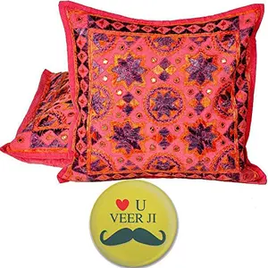 Little India Mirror Embroidery Hand Work Cotton 2 Piece Cushion Cover Set - Pink (DLI3CUS815)
