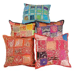 Zari Hand Embroidery Work Cotton 5 Piece Cushion Cover Set - Multicolor (DLI3CUS405)