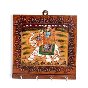 Little India Wooden Carved and Hand Painted 4 Key Stand (15.24 cm x 15.24 cmHCF300)