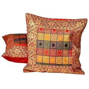 Little India Hand Embroidery Brocade Work Silk 2 Piece Cushion Cover Set - Multicolor (DLI3CUS807)