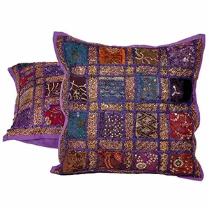 Little India Embroidery Applique Patch Work Cotton 2 Piece Cushion Cover Set - Multicolor (DLI3CUS802)