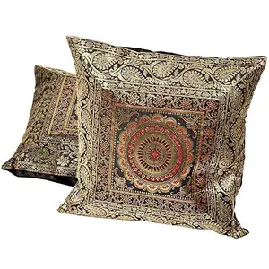 Little India Hand Embroidery Brocade Work Silk 2 Piece Cushion Cover Set - Black (DLI3CUS825)