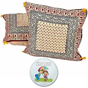 Jaipuri Hand Block Floral Print Cotton 2 Piece Cushion Cover Set - Beige (DLI3CUS843)