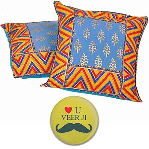 Little India Jaipuri Hand Block Gold Print Cotton 2 Piece Cushion Cover Set - Multicolor (DLI3CUS840)