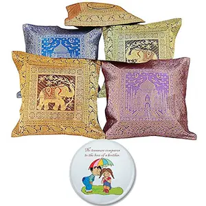 Little India Hand Embroidery Brocade Work Silk 5 Piece Cushion Cover Set - Multicolor (DLI3CUS403)