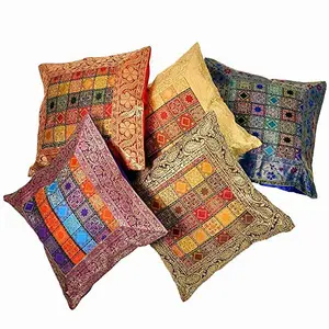 Little India Hand Embroidery Brocade Work Silk 5 Piece Cushion Cover - Multicolor (DLI3CUS451)