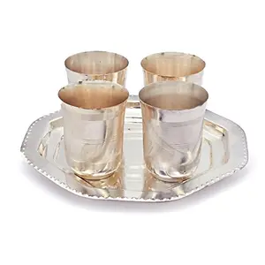 Little India Silver Polished 4 Brass Glass with Tray Set (24.13 cm x 24.13 cmHCF332)