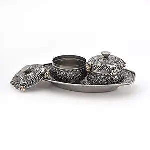 Little India Oxidize Mouth Freshener Box Pair and Metal Tray Set (303 Silver)