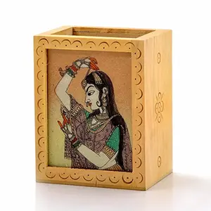 Little India Gemstone Painted Handcrafted Wooden Pen Stand (362 Brown)