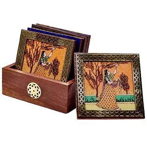 Little India Gemstone Painting Wooden Tea Coasters Set For Dining Table/ Office (Brown HCF112)