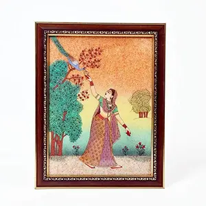 Little India Lady Feeding Peacock Ethnic Gemstone Photo Frames for Walls Decoration / Paintings for Living Room Large with Frame (347 Brown)