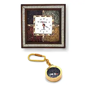 Little India Combo of Wooden Wall Clock and Compass Keychain (Brown)