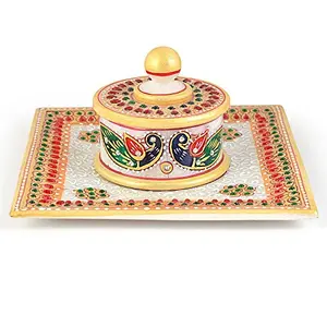 Little India Gold Meenakari Work Marble Jewellery Box and Tray (391 White)