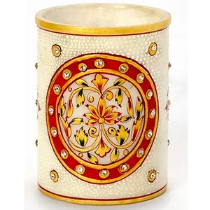 Little India Hand Painted Floral Gold Minakari Marble Pen Stand (379 White)