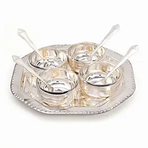 Little India Silver Polish Brass Bowl Spoon and Tray Set (333 Silver)