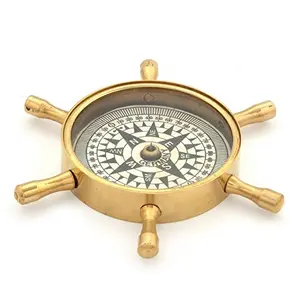 Little India Antique Wheel Design Pure Brass Real Compass (225 Gold)