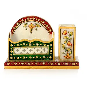 Little India Meenakari Marble Pen Stand and Visiting Card Holder (381 White)